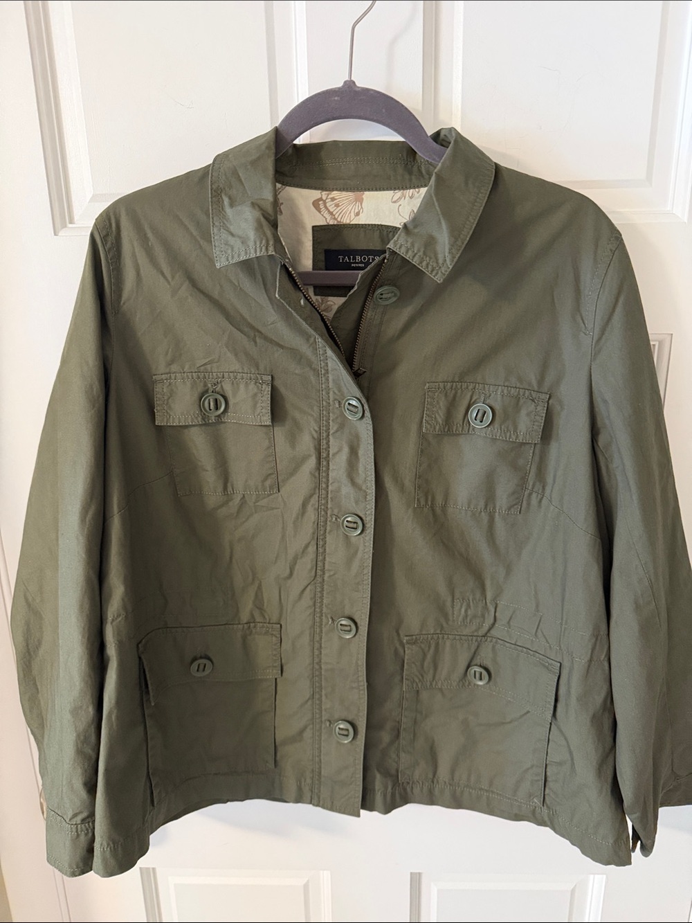 Talbots Olive Green 100% Cotton Canvas Utility Field Jacket Lined XL petite